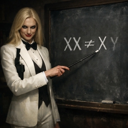 Woman in a suit and bow tie standing in front of a blackboard, holding a wand in her hand