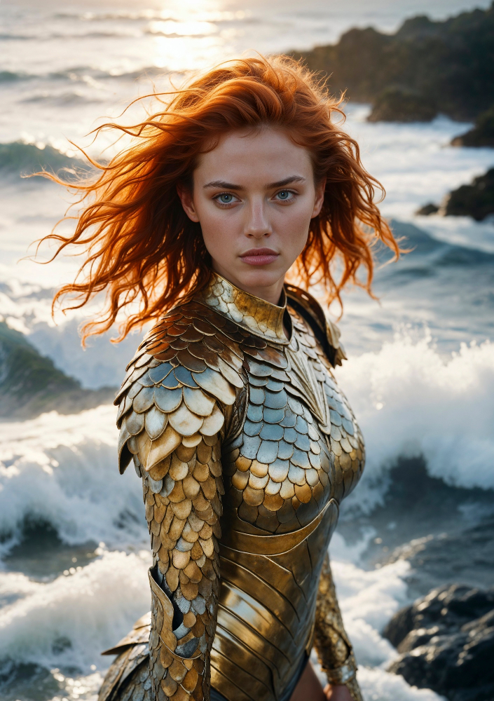 Red-haired woman standing in a dramatic outdoor scene
