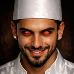 Man wearing a white chef's hat with red eyes, against a dark background