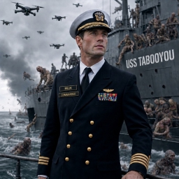 Man in a military uniform standing on top of a boat, wearing a cap