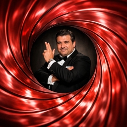 Man in a tuxedo standing in front of a red spiral, with a smile on his face