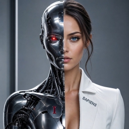Woman in a suit standing next to a robot, with a wall in the background