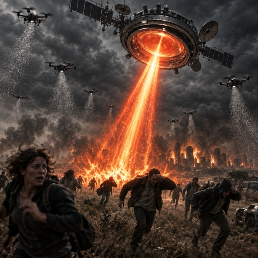 Group of people running through a field with a spaceship in the background, surrounded by plants, vehicles, fire, smoke