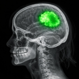 X-ray of a human head with a green brain, which is a representation of the cerebral cortex