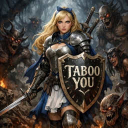 Woman holding a sword and shield with the words "Taboo You" written on it