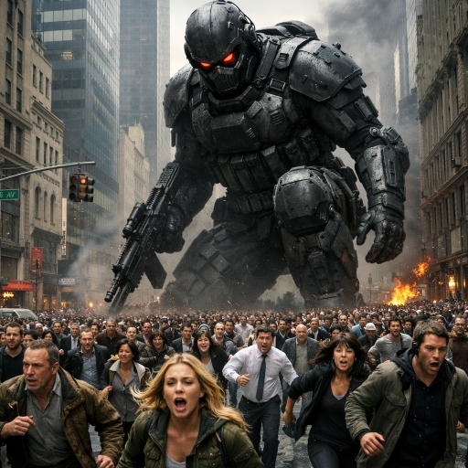 Group of people running on the road, with a person holding a gun in the foreground