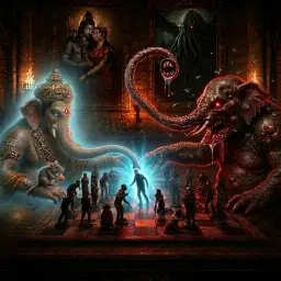 Animated Lord Ganesha, the god of destruction, holding two axes in his hands and surrounded by a sky filled