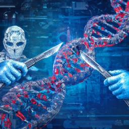 Person wearing a mask and holding a knife in front of a DNA strand, with a blue background