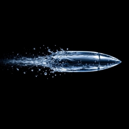 Bullet splashing out of water on a black background, creating a vivid contrast between the two colors