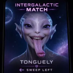 Poster reading “Intergalactic Match,” featuring a smiling purple alien with a long tongue against a starry space background; the profile says “Tonguely” and “Swipe left,” with a playful tone.