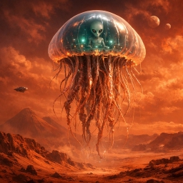 Alien floating in the sky above a red planet, with a jellyfish in the foreground and mountains in the background
