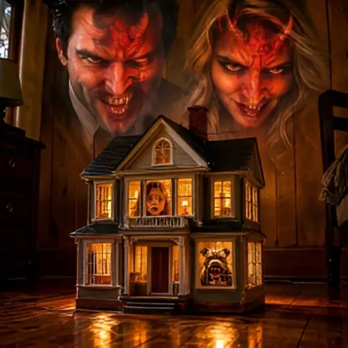 A glowing haunted dollhouse stands in a dark room beneath two sinister, red-faced figures looming overhead, creating an eerie horror mood.