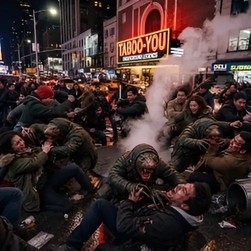 A chaotic nighttime street scene shows costumed zombies crawling among a dense crowd as steam billows beneath a glowing “TABOO-YOU” sign, creating a tense, theatrical mood.