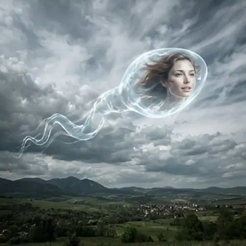 Woman floating in the air with a cloud above her head, surrounded by trees, houses, and mountains in the background