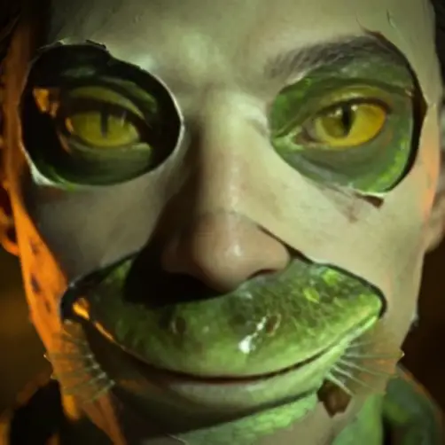 Close-up portrait of a person wearing a green reptile mask with yellow slit-pupil eyes, textured snout, and whiskers; dramatic lighting creates an eerie, watchful mood.