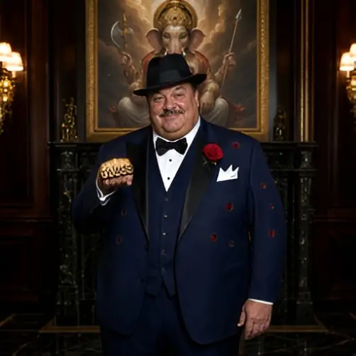 A smiling man in a navy tuxedo, bowler hat, and red rose holds up a gold-studded glove before a dramatic portrait in a dark, ornate room.