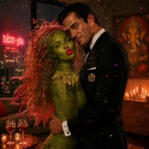A man in a black suit embraces a green, moss-covered woman with bright red lips and wild hair in a dim, candlelit room, creating a surreal, romantic mood.