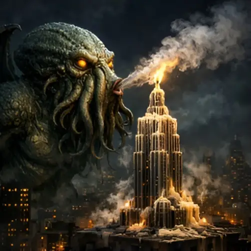 A colossal, glowing-eyed tentacled sea monster looms over a smoky city, breathing fire onto a skyscraper in a dark, apocalyptic scene.