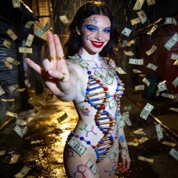 Woman with a body painted like a DNA strand, and striking a pose for the picture