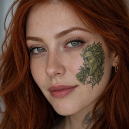 Woman with hair and a tattoo of a woman's face on her face, set against a blurred background